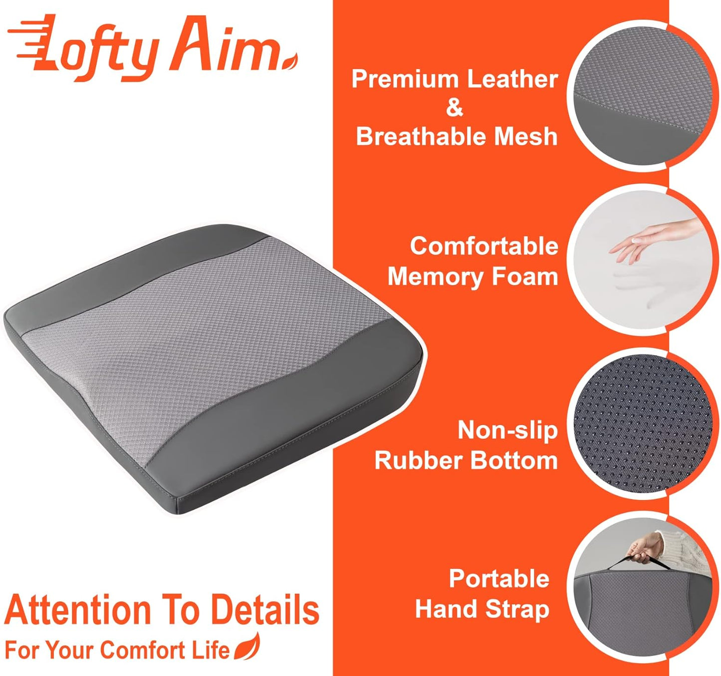 Lofty Aim Car Seat Cushion, Comfort Memory Foam Car Cushions for Driving - Sciatica & Lower Back Pain Relief, Seat Cushion for Car Seat Driver, Office Chair, Wheelchair -Dark Grey