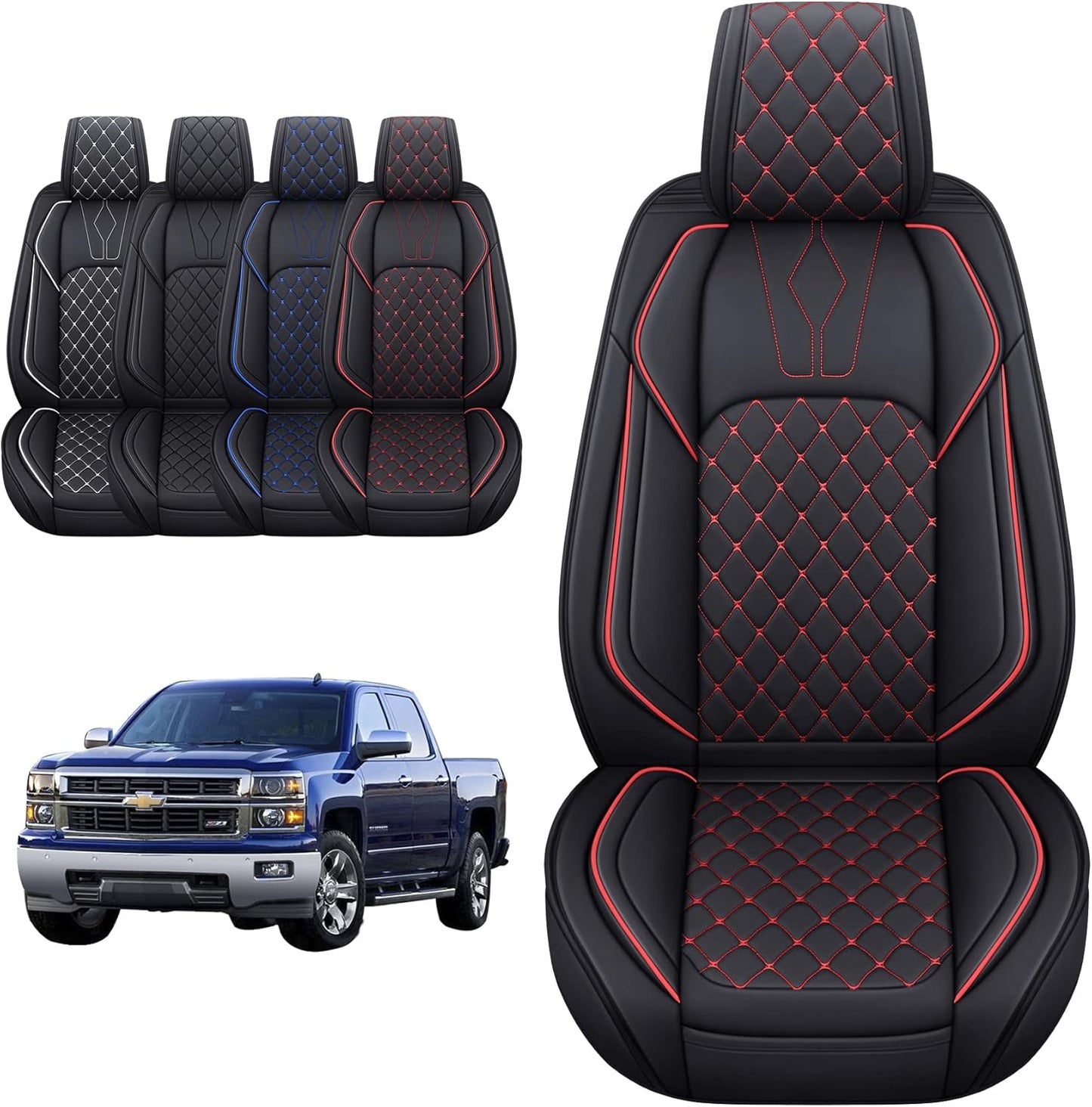 YIERTAI Chevy Silverado GMC Sierra Seat Covers Custom Fit 2007-2025 1500 2500 3500 HD Pickup Truck Crew Double Cab Waterproof Leather Front Car Cushions(2 PCS Front, Black-White)