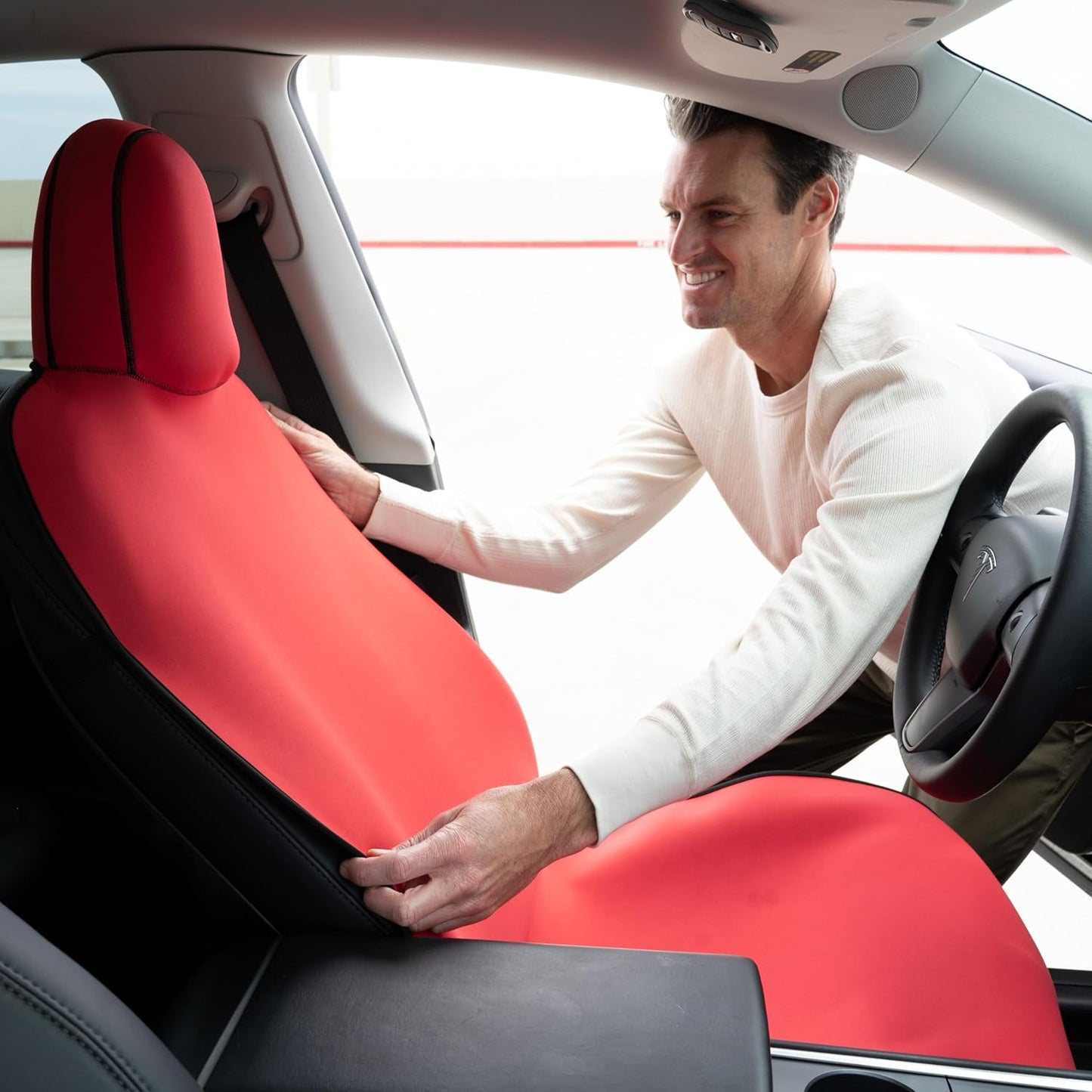 EVNV Tesla Model Y Seat Cover 2024 - Waterproof Neoprene Front Seat Protector - Fits 2018-2023 Model 3/Y, 1 Red Cover