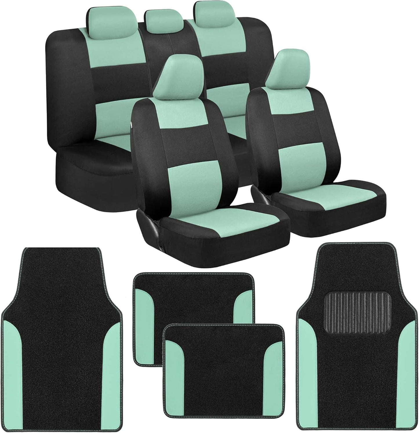 BDK PolyPro Black Car Seat Covers Full Set with Matching Carpet Floor Mats - Automotive Seat Covers for Cars Trucks SUV - Includes Split Bench Rear Seat Cover - Interior Car Accessories
