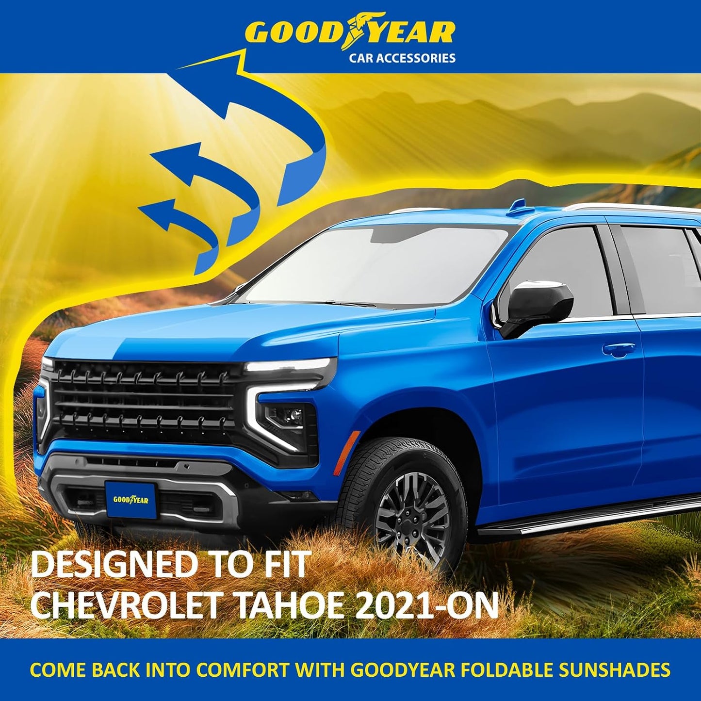 Goodyear Foldable Windshield Sunshade for Chevrolet (Chevy) Tahoe 2021-2025, SUV car Accessories, Sunshade Cover, Sun Shade Car Windshield, Window Sun Blocker - GY008221