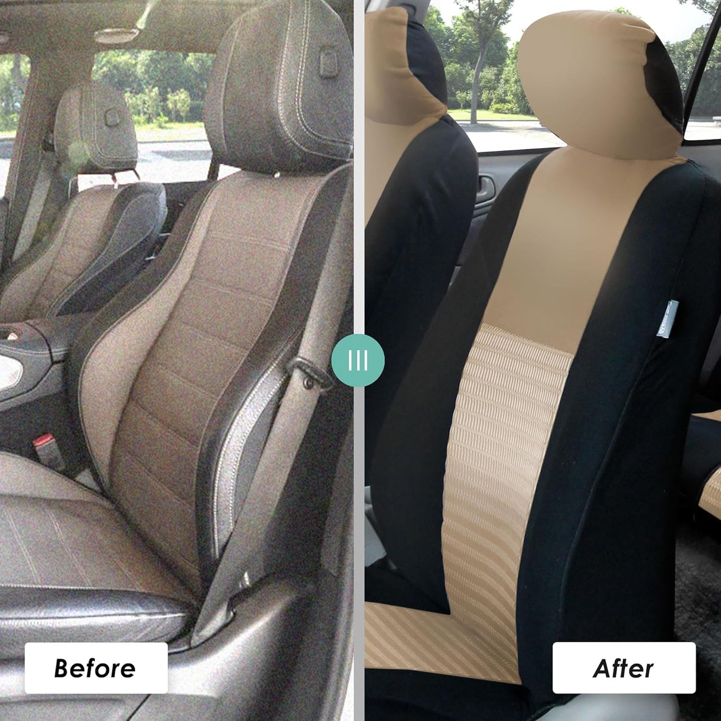 FH Group Pair Bucket Fabric Seat Covers w. Detachable Headrest Airbag Compatible Beige