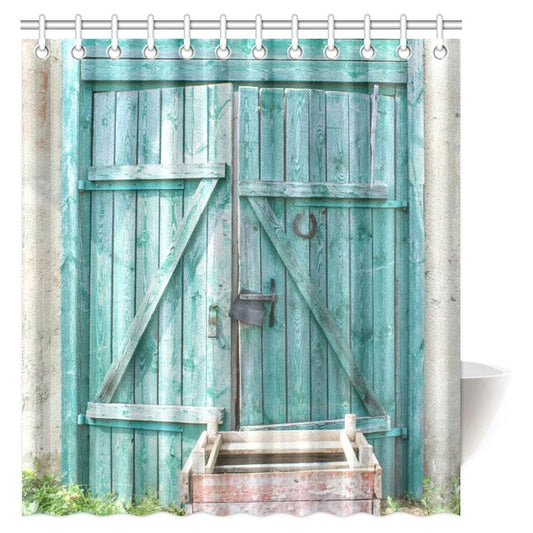 MYPOP Vintage Decor Shower Curtain Set, Rustic Old Green Wood Barn Door in Farmhouse Countryside Village Aged Rural Life Fabric Bathroom Shower Curtain 66 X 72 Inches