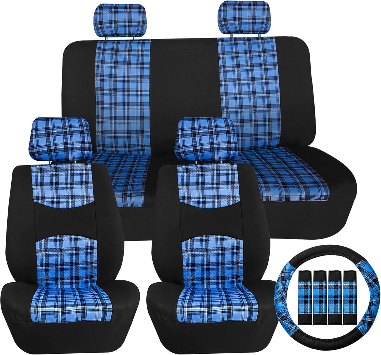 FH Group Car Seat Covers Full Set Plaid Print Blue Cloth - Universal Fit Automotive Seat Covers, Low Back Front Seat Covers, Solid Back Seat Cover, Washable Car Seat Cover for SUV, Sedan, Van