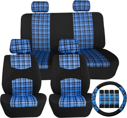 FH Group Car Seat Covers Full Set Plaid Print Blue Cloth - Universal Fit Automotive Seat Covers, Low Back Front Seat Covers, Solid Back Seat Cover, Washable Car Seat Cover for SUV, Sedan, Van