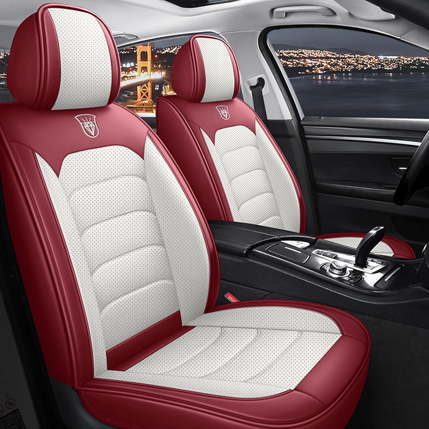 QUYDDC Car Seat Covers Full Set 3D Foam Back Support, 2 Front Seats Universal Fit for Most Trucks,Sedan and SUVs, Waterproof PU Leather Super Breathable, Storage Bags, All Season, Red +White