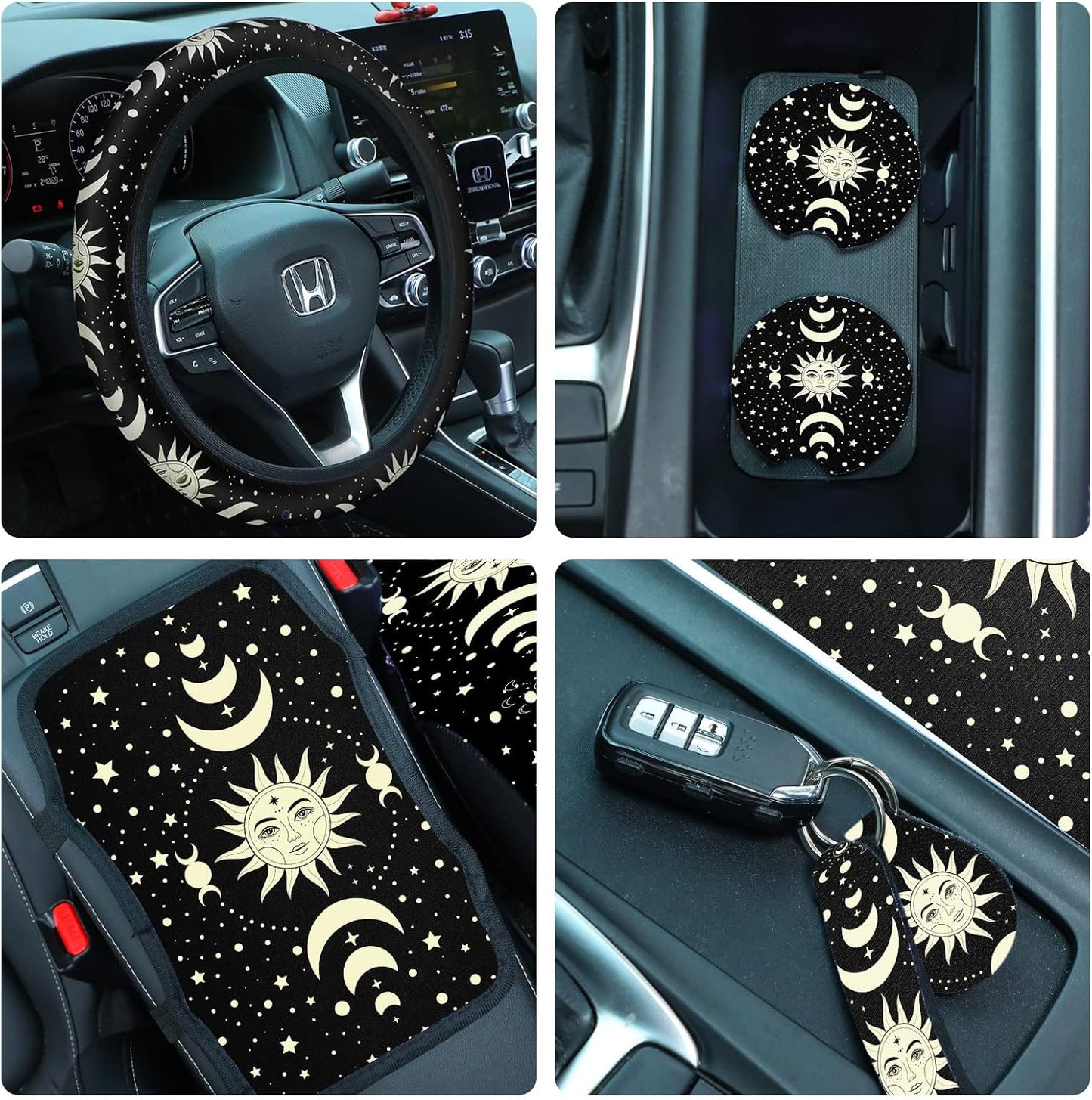 Fiada 10 Pcs Moon Star Car Seat Covers Full Set Car Accessories for Women Front Seat Cover Steering Wheel Armrest Cover Belt Cover Cup Holder for Auto SUV Interior Decoration(Witch)