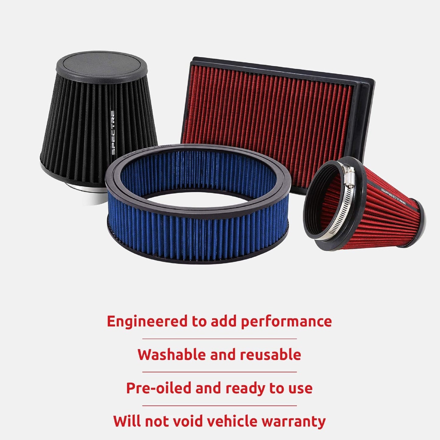 Spectre Performance Universal Clamp-On Air Filter: Washable Filter: Round Tapered; 3 in/3.5 in/4 in Flange ID; 6.719 in (171 mm) Height; 6 in (152 mm) Base; 4.75 in (121 mm) Top, SPE-8132