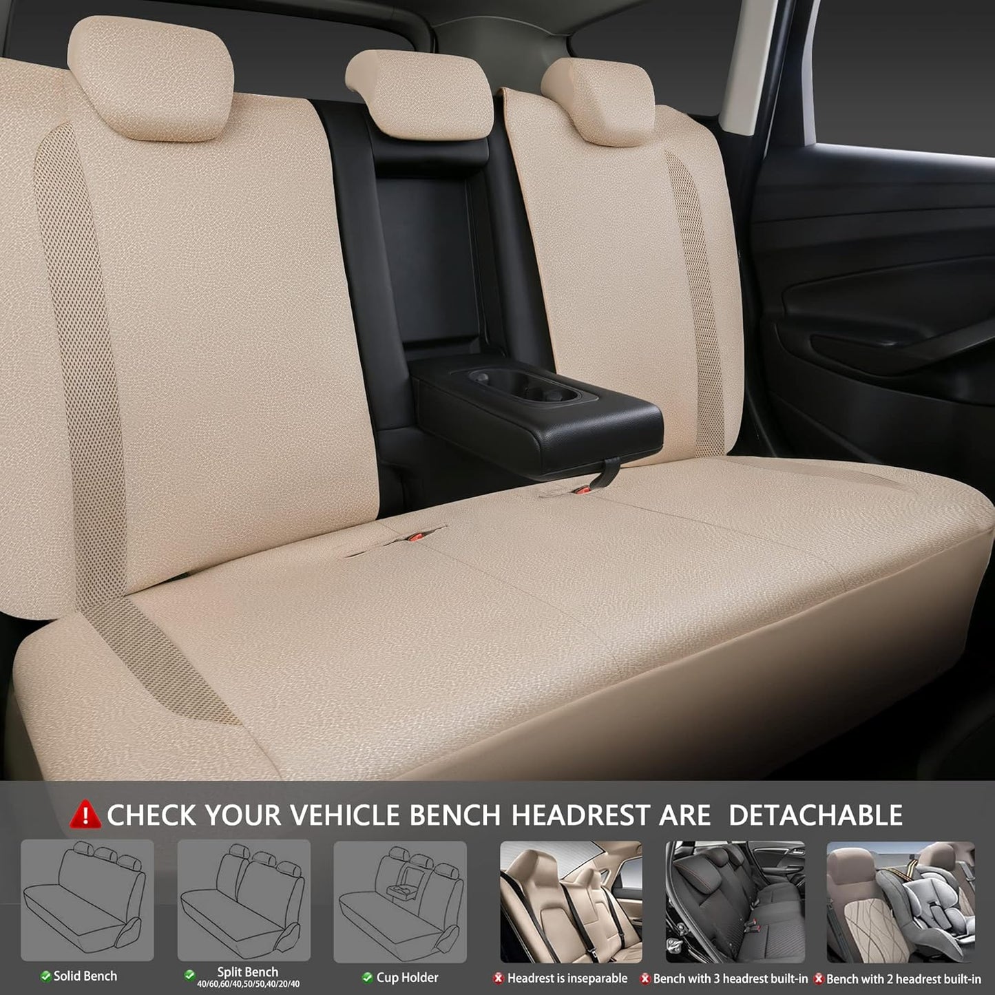 CAR PASS 3D Air Mesh in Cloth Leather Grain Breathable Seat Covers Full Set, 3zipper Rear Bench Armrest Airbag Sports, Universal Fit 95% Car,SUV,Truck,Sedan,Van, Beige (zt-0070-BE1FP-FPLB5WD22W)