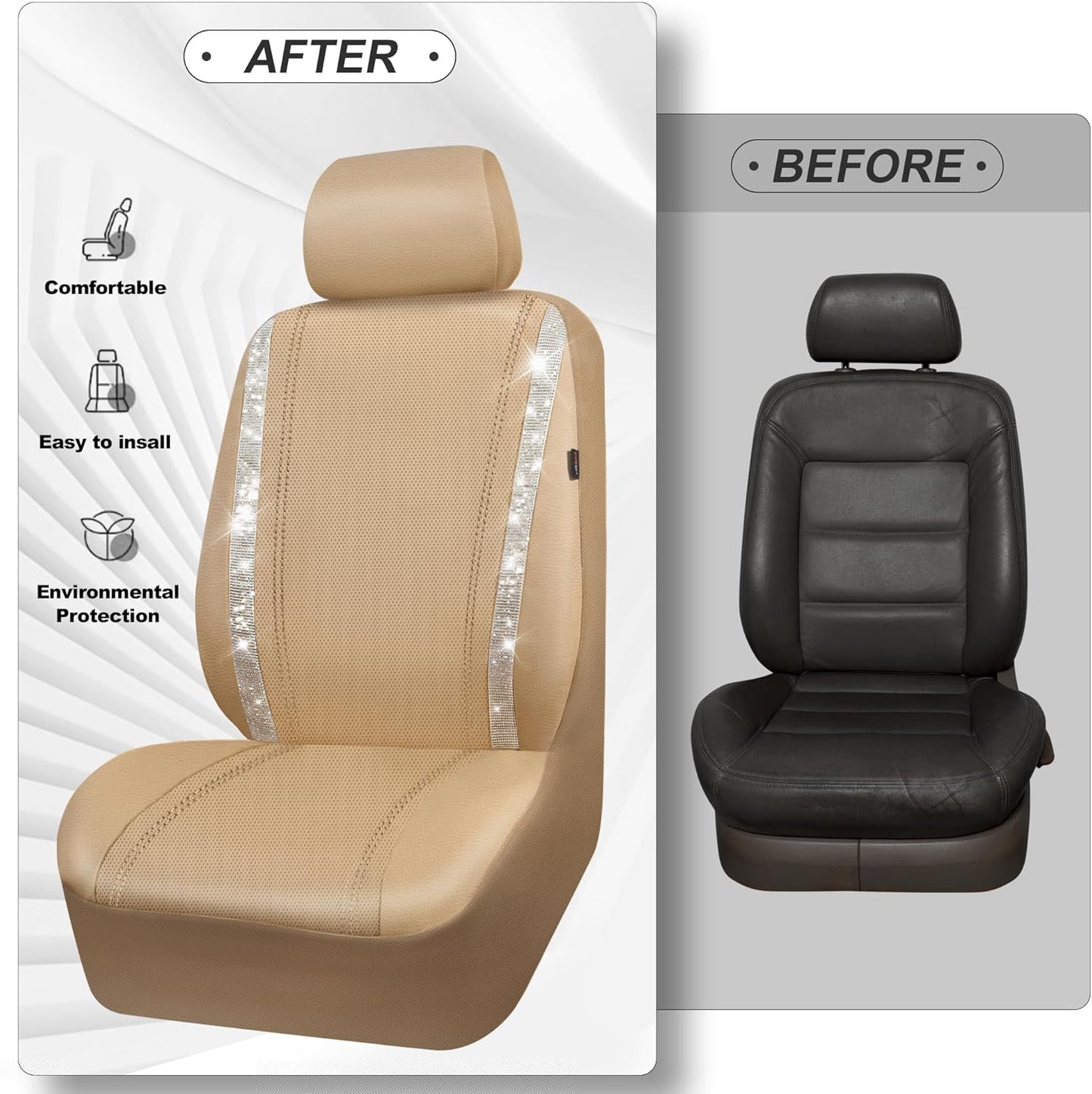 CAR PASS Leather Diamond Bling Car Seat Covers 2 Front Interior Sets, Waterproof Universal Shining Glitter Crystal Sparkle Fit for 95% Automotive Truck SUV Cute Women Girl, Beige Rhinestone