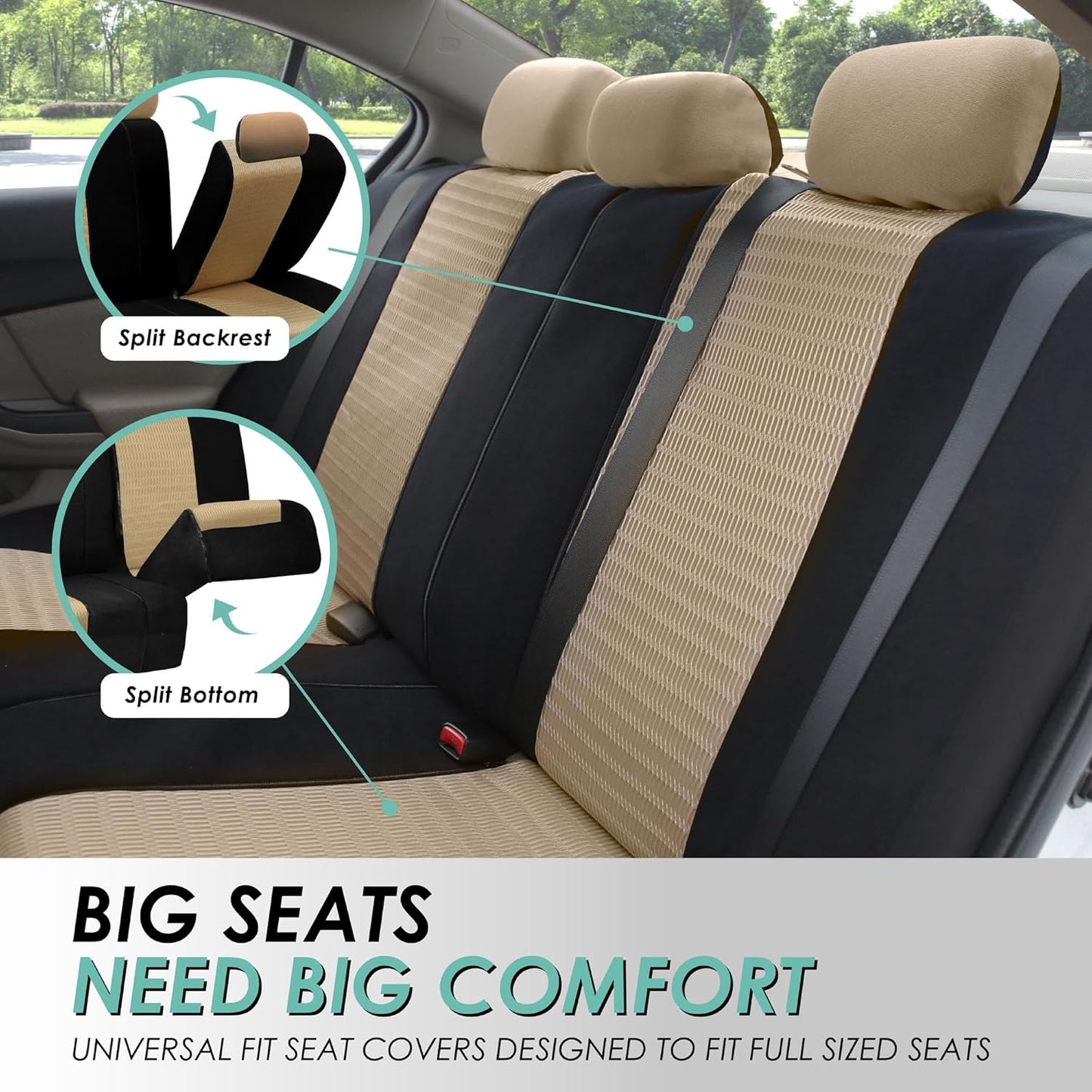 FH Group Car Seat Covers Three Row Set 7 Headrest Covers Car Accessories Universal Fit, Trendy Elegance 3D Air Mesh Airbag Compatible and Split Ready Beige Interior Accessories for Cars Trucks SUV