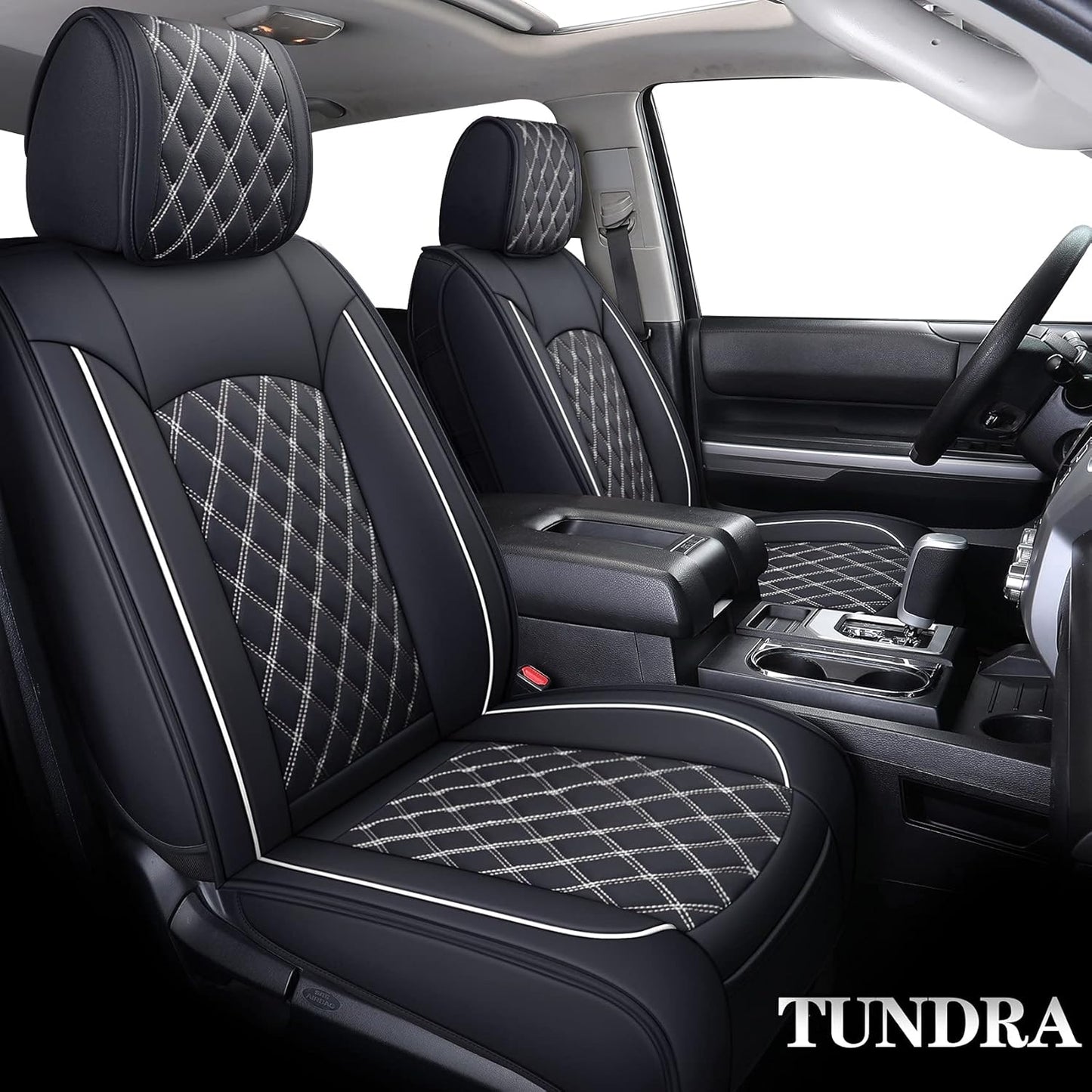 YIERTAI Seat Covers Compatible with 2008-2022 2023 2024 2025 Toyota Tundra Crewmax Double Extended Cab Regular Cab Pickup Waterproof Leather(2 PCS Front/Black-White)