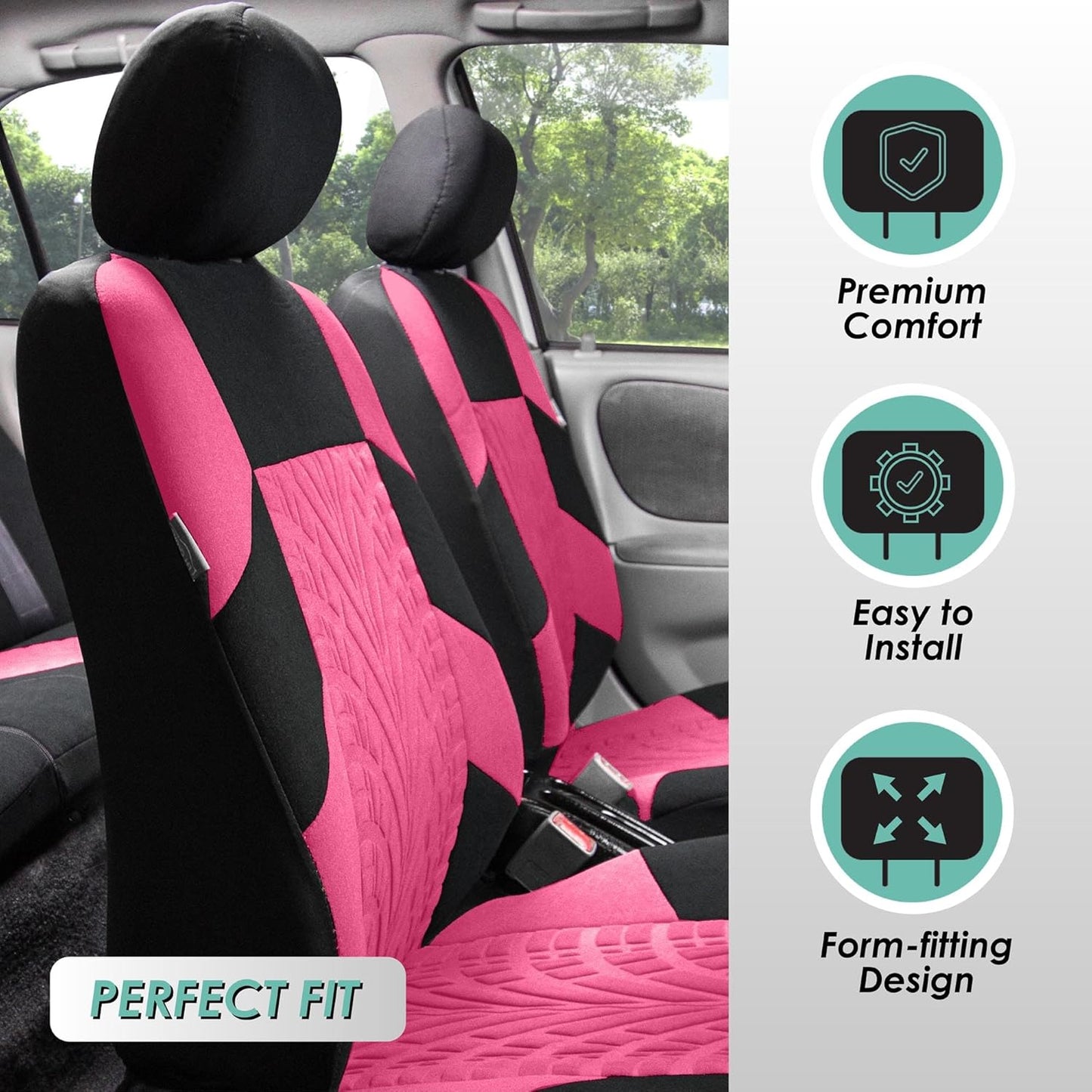 FH Group Car Seat Covers Full Set Premium Cloth - Universal Fit, Automotive Seat Cover, Low Back Front Seat Covers, Airbag Compatible, Split Bench Rear Seat, Washable Seat Cover for SUV, Sedan Pink