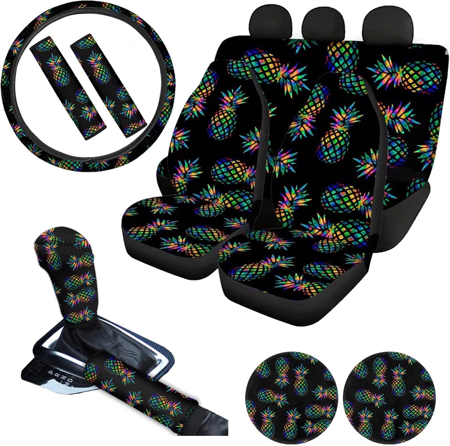 AFPANQZ Nebula Galaxy Car Seat Covers with Steering Wheel Cover, Seat Belt Shoulder Pads, Cup Holder Coasters, Gear Shift Knob and Handbrake Protector Cushion Full Set of 11 for Men Women Gift Navy