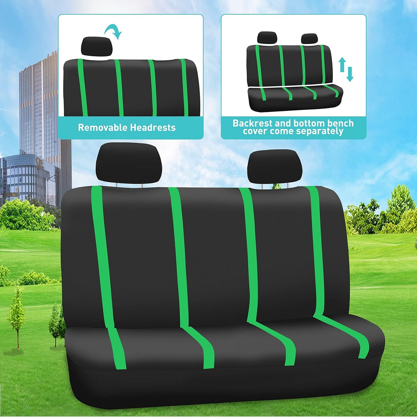 FH Group Car Seat Covers Full Set Cloth-Universal Fit Automotive Seat Covers, Low Back Front Seat Covers, Solid Back Seat Cover, Washable Car Seat Cover for SUV, Sedan and Van Green