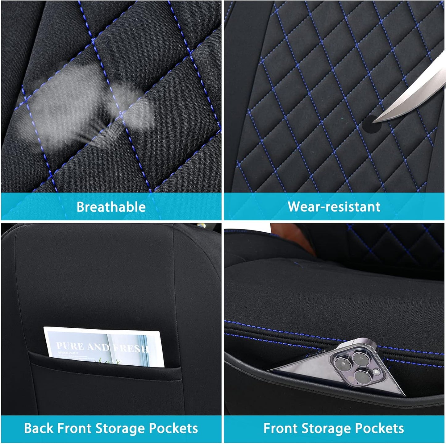 Coverado Front Car Seat Covers, 2 Pack Car Seat Protector, Waterproof Seat Covers, Neoprene Car Seat Cushion, Driver Black Seat Covers Universal Fit for Most Cars Trucks Vans SUV (Black-Blue)