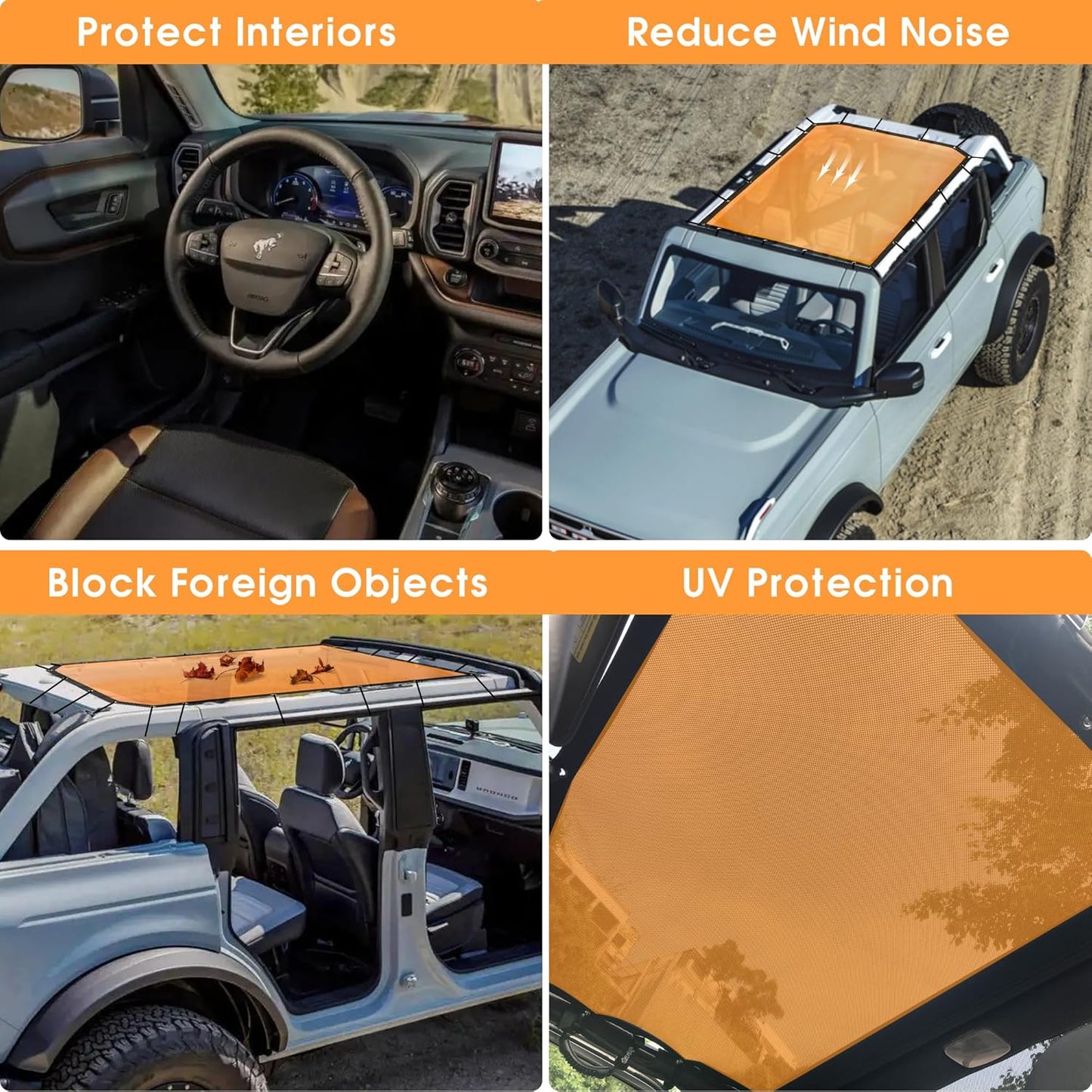 BESTAOO Sunshade for Ford Bronco Accessories 2021 2022 2023 2024 2025 4 Door, Front & Rear Full Length Mesh Sun Shade Bimini Top Cover for Bronco 4 Door - Blocks UV, Wind, Noise (Orange)