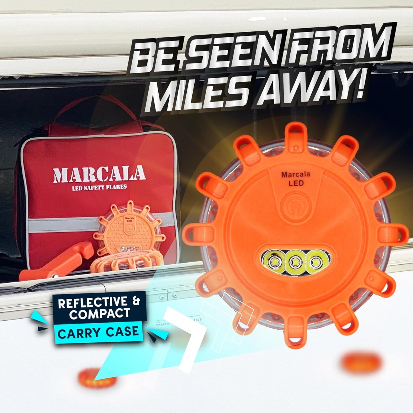 MARCALA Emergency Flares for Cars 12-Pack | Roadside Safety Discs | LED Safety Flare Emergency Lights | The only COMPLETE Safety Disc Kit w/ 2 Bonus Items! | Feel safer on the road!!