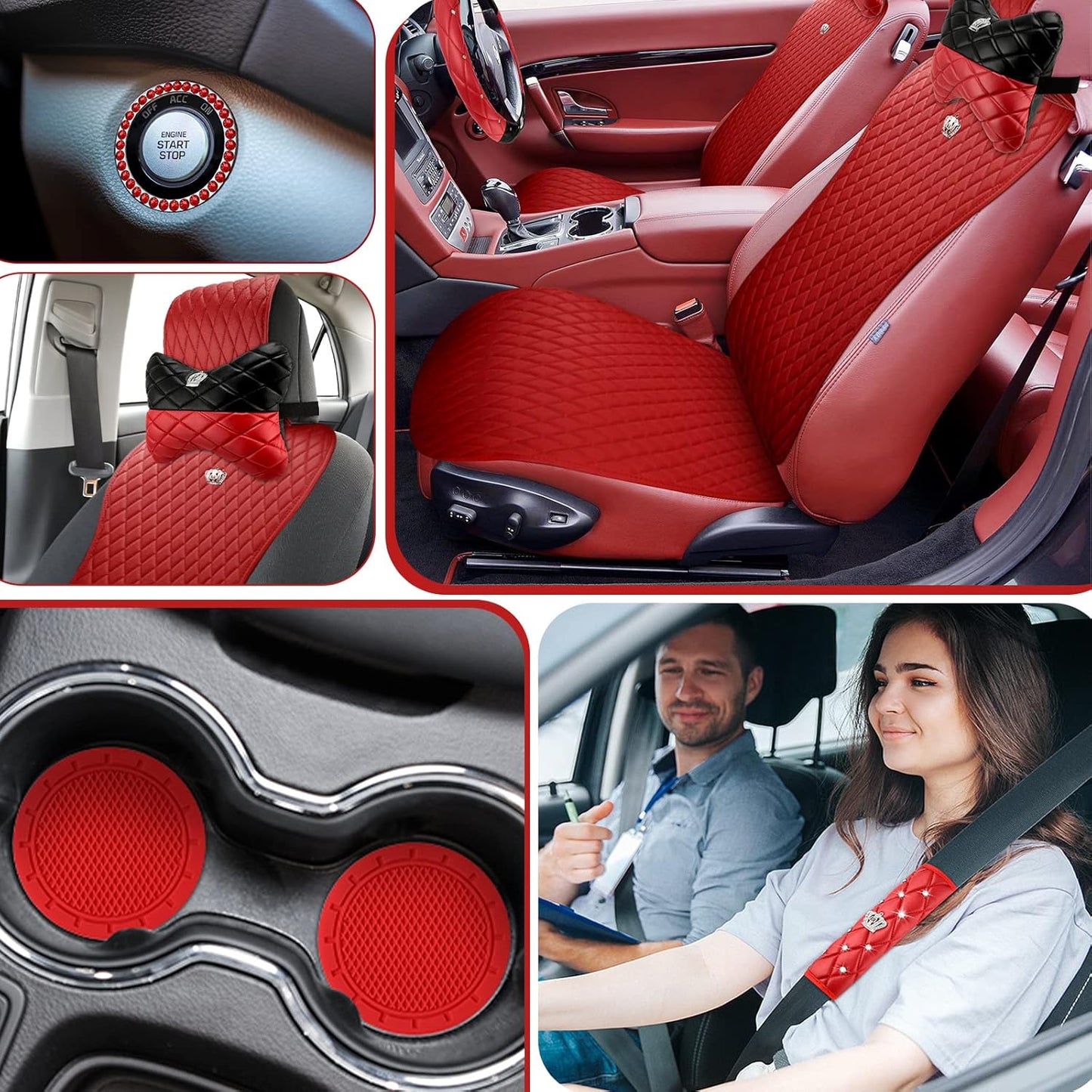 Lauwell 11 Pcs Red Seat Covers Universal Leather Cover for Women 2/3 Covered Gorgeous Steering Wheel Car Neck Pillow Belt Pads Start Button Auto Cup Holder Fit SUV