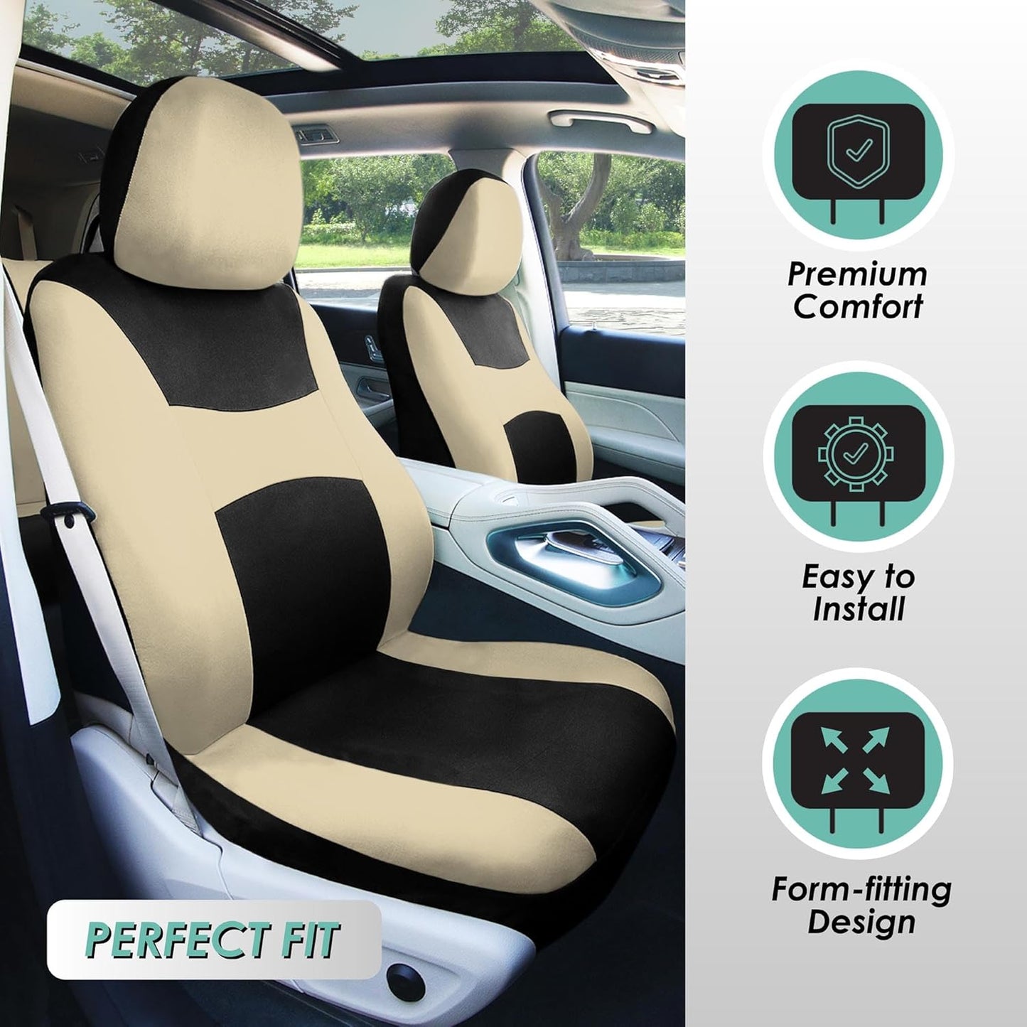 FH Group Light & Breezy Cloth Car Seat Covers, 7 Seater Three Row Set- Airbag & Split Ready -Universal for Cars Trucks and SUVs Beige/Black