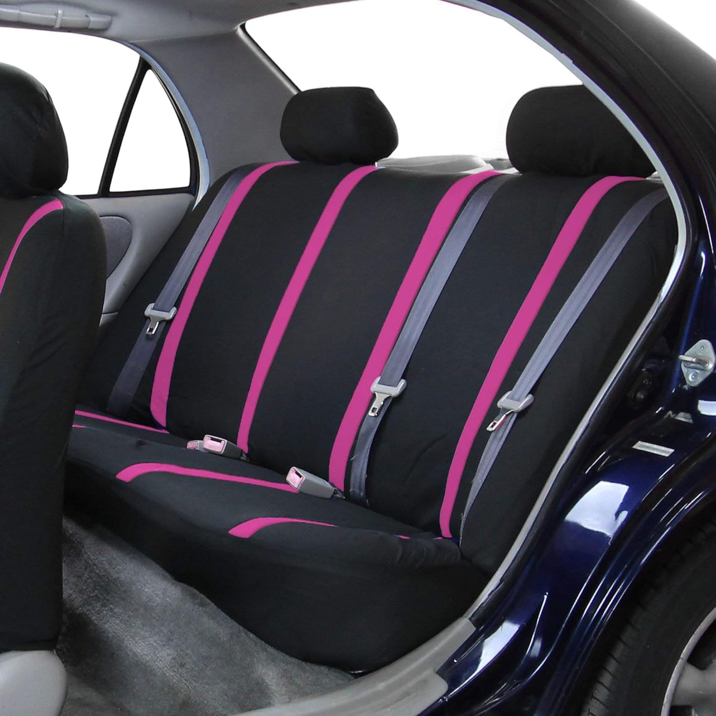 FH Group Unique Flat Cloth Full Set Car Seat Covers w. Silicone Steering Wheel Cover- Universal Fit for Most Cars, Trucks, SUVs or Vans (Pink/Black)