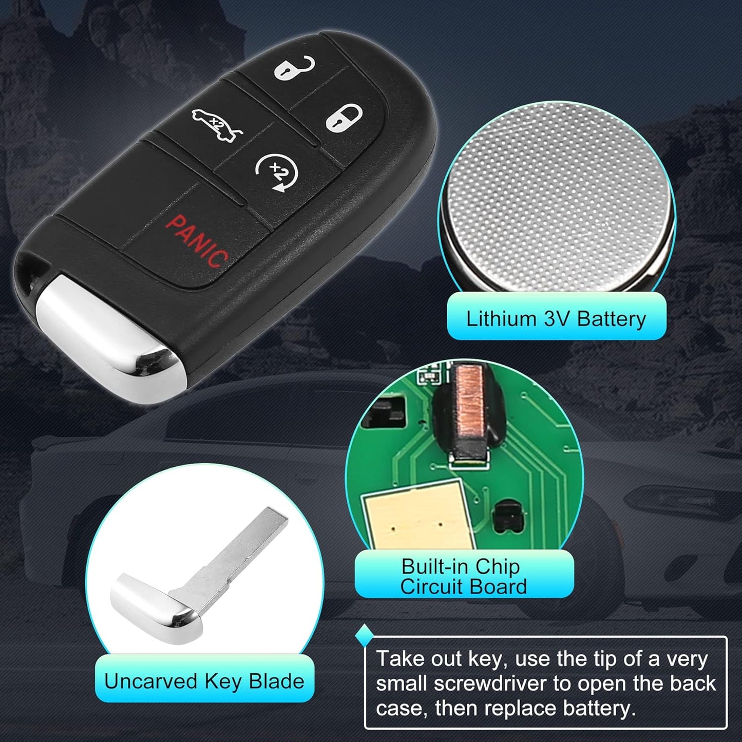 X AUTOHAUX 2pcs 433MHz M3M-40821302 Replacement Keyless Entry Remote Car Key Fob for Chrysler 300 2019-2022 for Chrysler 200 2015-2017 5 Buttons with Door Key 4A Chip