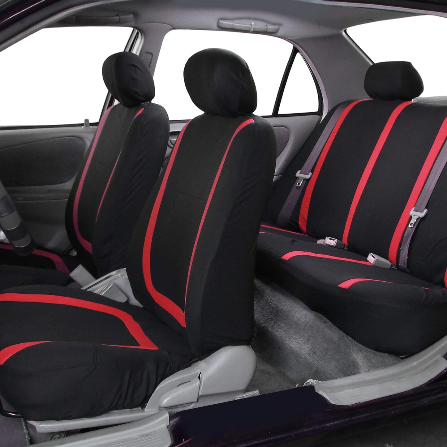 FH-FB032114 Unique Flat Cloth Seat Cover w. 4 Detachable Headrests and Solid Bench Red/Black