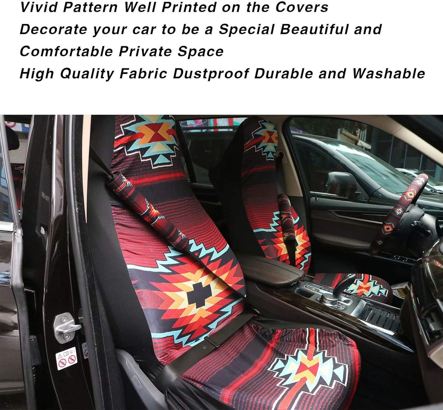 Pensura Tribal Aztec Stripes Pattern Front and Rear Bench Back Seat Cover Steering Wheel Cover Car Headrest Cover Car Floor Mats Set of 10 pc,Vehicle Seat Protector Universal fit for Sedan Breathable
