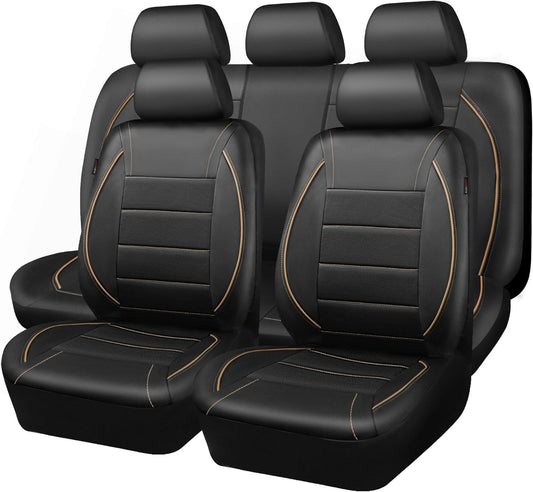 CAR PASS Universal FIT Piping Leather Car Seat Cover, for suvs,Van,Trucks,Airbag Compatible,Inside Zipper Design and Reserved Opening Holes (Full seat Covers, Black and Beige)