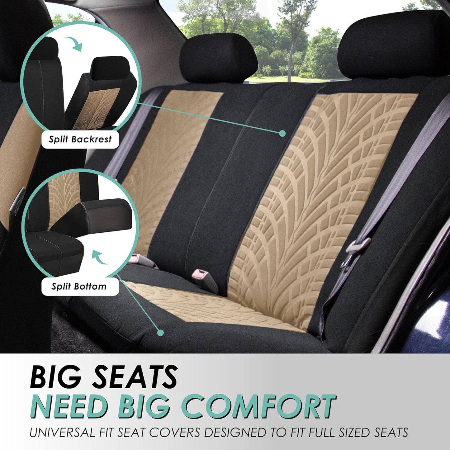 FH Group Car Seat Covers Full Set Premium Cloth - Universal Fit, Automotive, Low Back Front Washable Seat Covers, Airbag Compatible, Split Bench Rear Seat for SUV, Sedan Beige