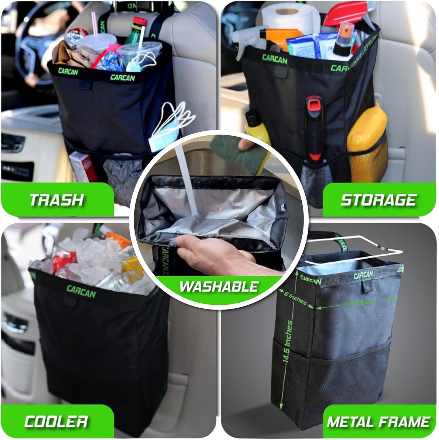 CarCan The Original 3 in 1 Hanging Car Trash Can for Back Seat, Cooler & Storage Bag – Metal Framed, Washable & Reusable Car Trash Bin with 3 Pockets (Pack of 5)