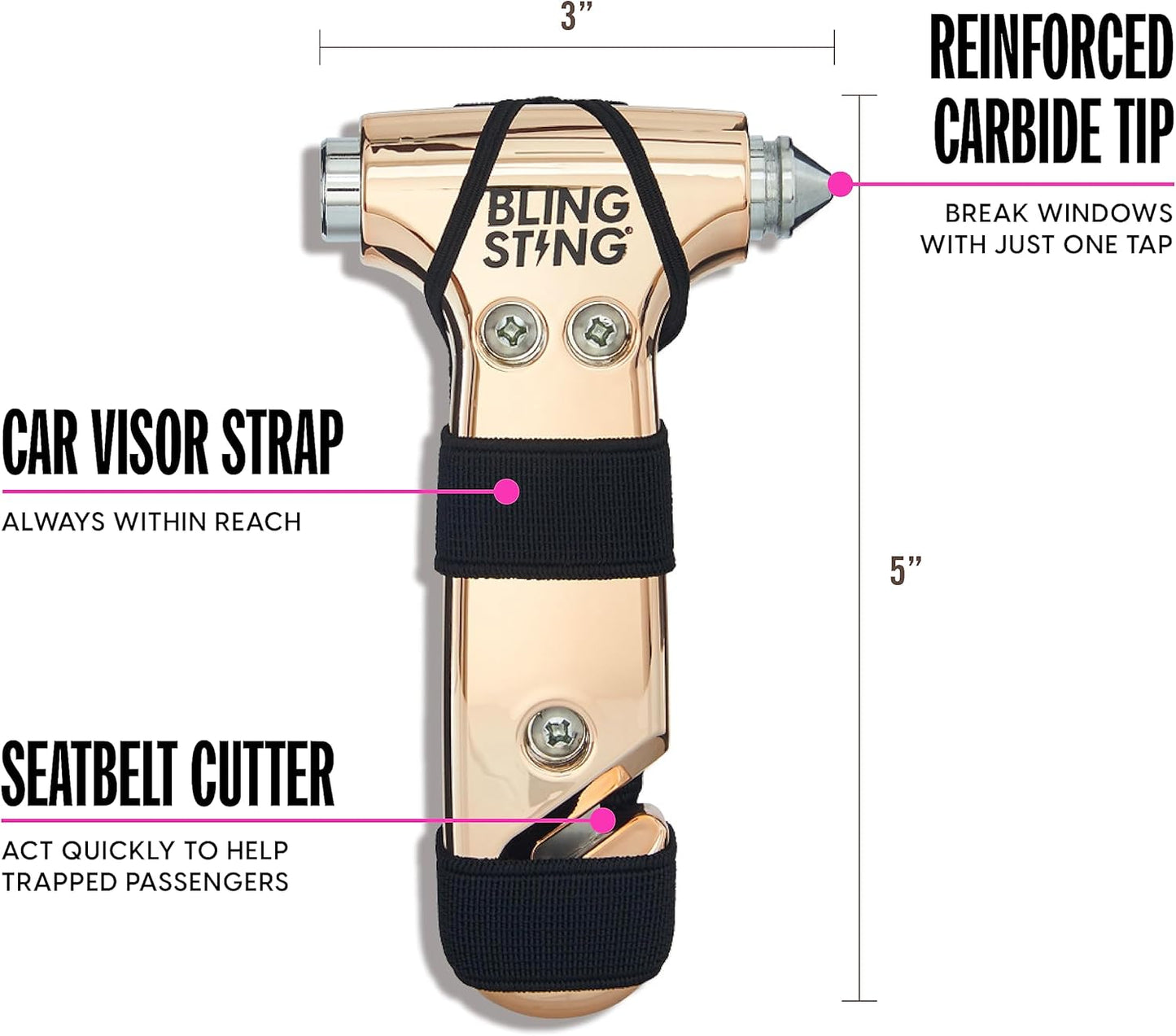 BLINGSTING Rose Gold Glammer Safety Hammer - Auto Glass Window Breaker and Seat Belt Cutter Emergency Escape Tool for Women's Safety, Child Safety, Family Rescue in Vehicle Roadside Emergency