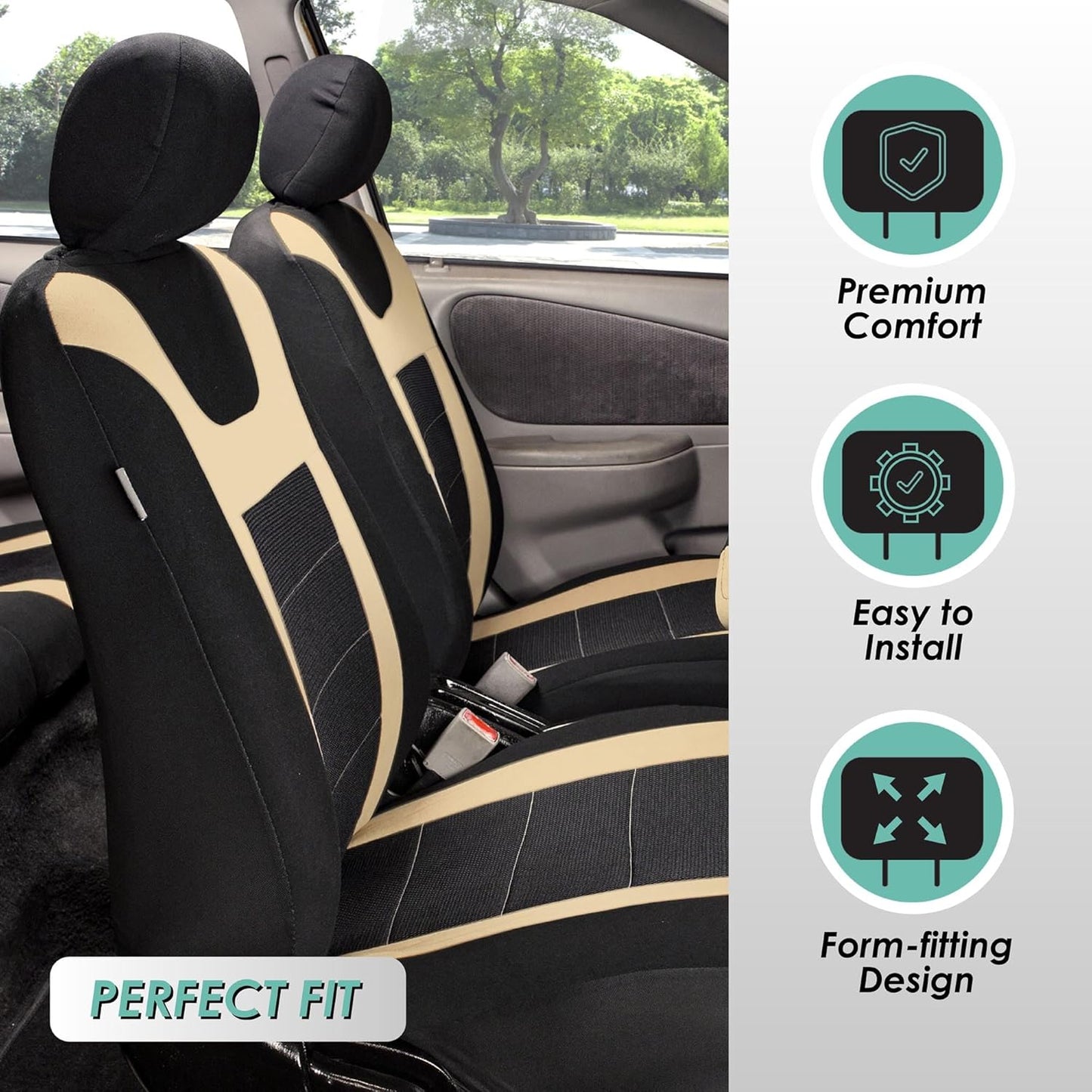 FH Group Car Seat Covers Sports Seat Covers Front Seats Only, Airbag Compatible Beige Black Automotive Seat Cover Combo Small Car Seat Cover Design Universal Fit Interior Accessories Cars Trucks SUVs