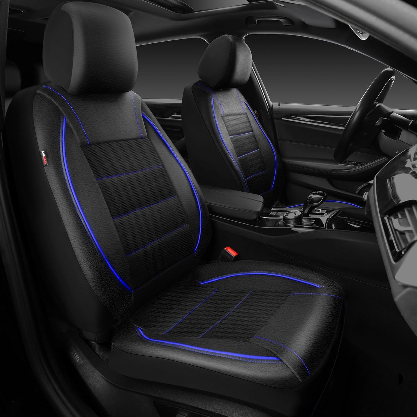 CAR PASS Universal FIT Piping Leather Car Seat Cover, for suvs,Van,Trucks,Airbag Compatible,Inside Zipper Design and Reserved Opening Holes (Full seat Covers, Black and Beige)