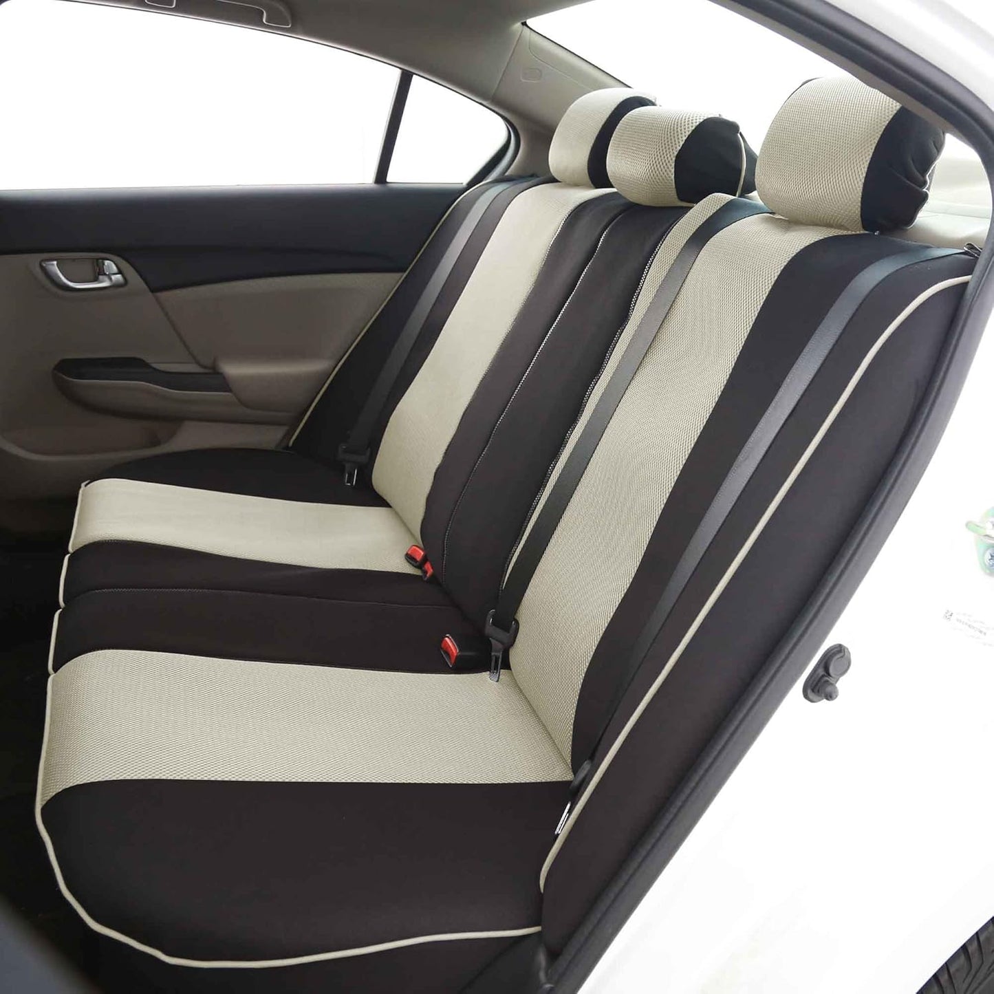 FH Group Car Seat Covers Three Row 8 Seater Cloth Car Seat Covers with Piping (Airbag and Split Ready) - Universal Fit for Cars Trucks & SUVs Beige/Black