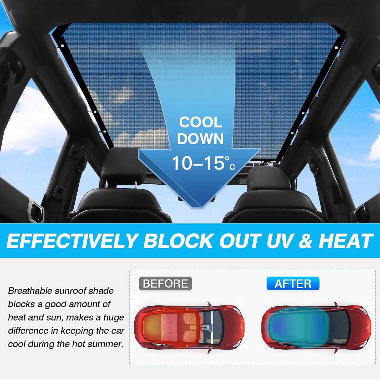 Karltys Compatible with Sunshade Ford Bronco 2023 2022 2021 4 Door Mesh Sunroof Sun Shade Top Roof Shade Foldable Sun Cover UV & Heat Insulation (Not for Bronco Sport)