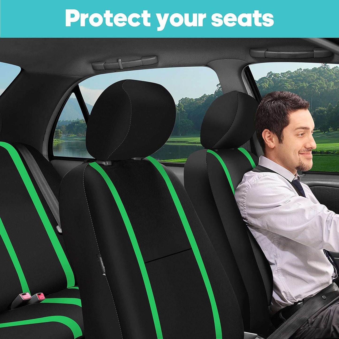 FH Group Car Seat Covers Full Set Cloth-Universal Fit Automotive Seat Covers, Low Back Front Seat Covers, Solid Back Seat Cover, Washable Car Seat Cover for SUV, Sedan and Van Green
