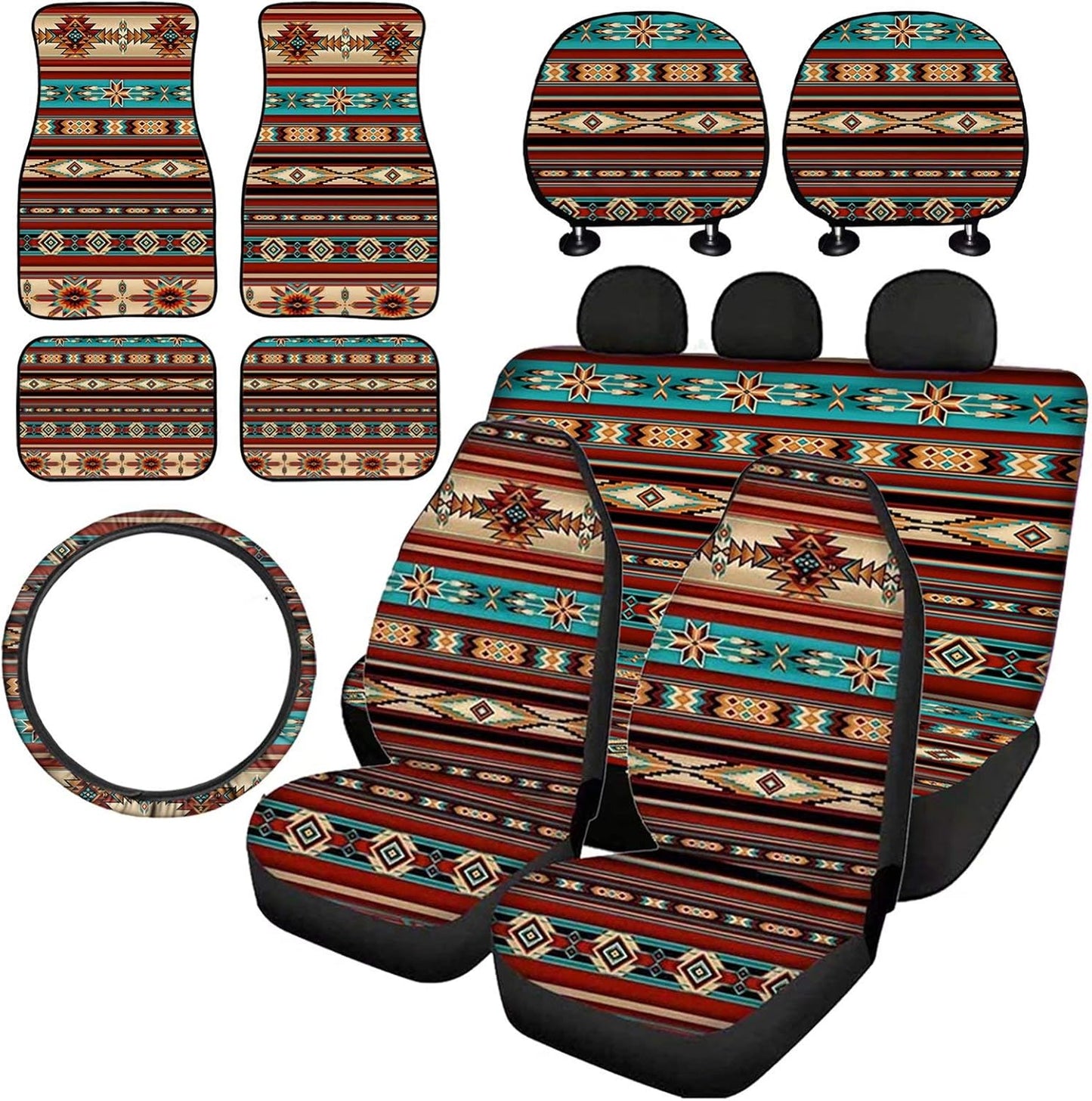 Pensura Tribal Aztec Stripes Pattern Front and Rear Bench Back Seat Cover Steering Wheel Cover Car Headrest Cover Car Floor Mats Set of 10 pc,Vehicle Seat Protector Universal fit for Sedan Breathable