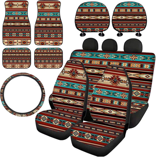 Pensura Tribal Aztec Stripes Pattern Front and Rear Bench Back Seat Cover Steering Wheel Cover Car Headrest Cover Car Floor Mats Set of 10 pc,Vehicle Seat Protector Universal fit for Sedan Breathable