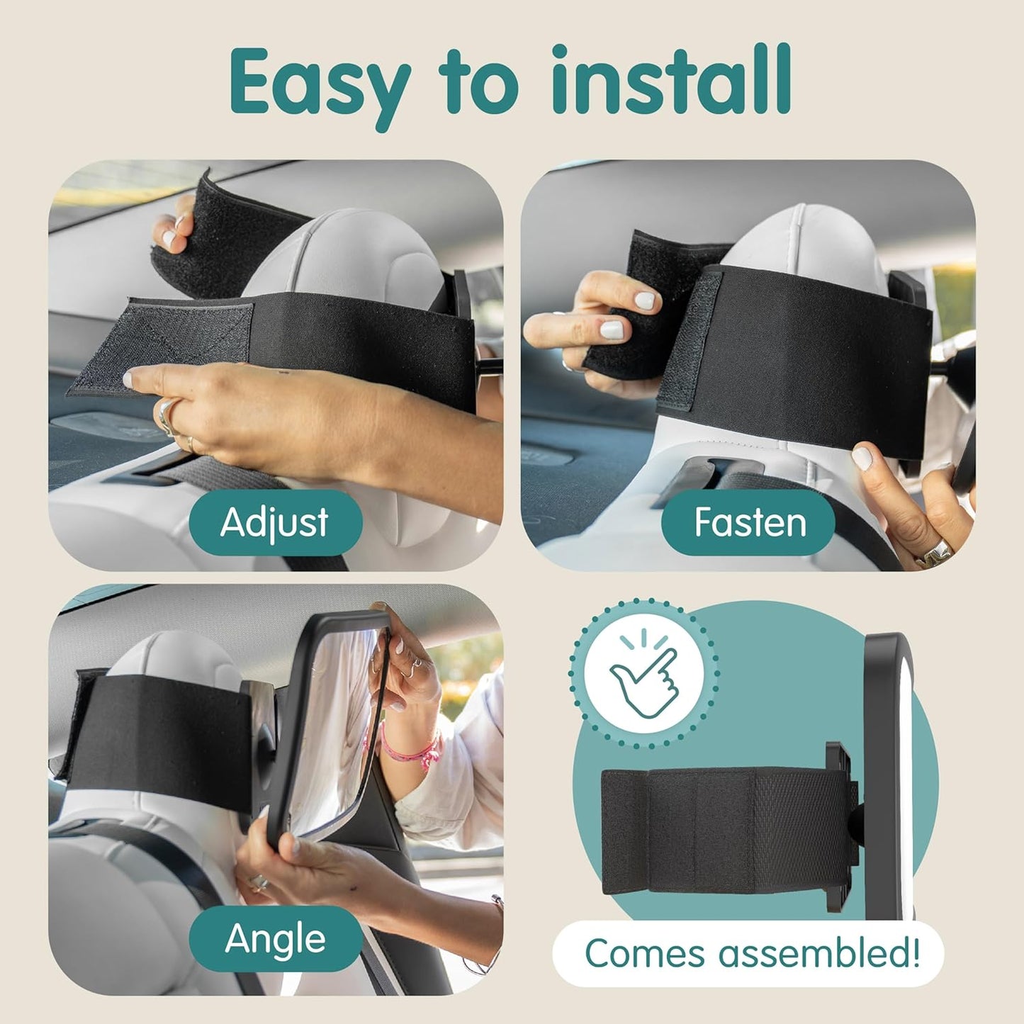 Onco Fixed Headrest Car Mirror - Tesla-Compatible, 100% Shatterproof & Shake-Proof for Baby Rear Facing, Adjustable Seat Mirror for Car Journeys