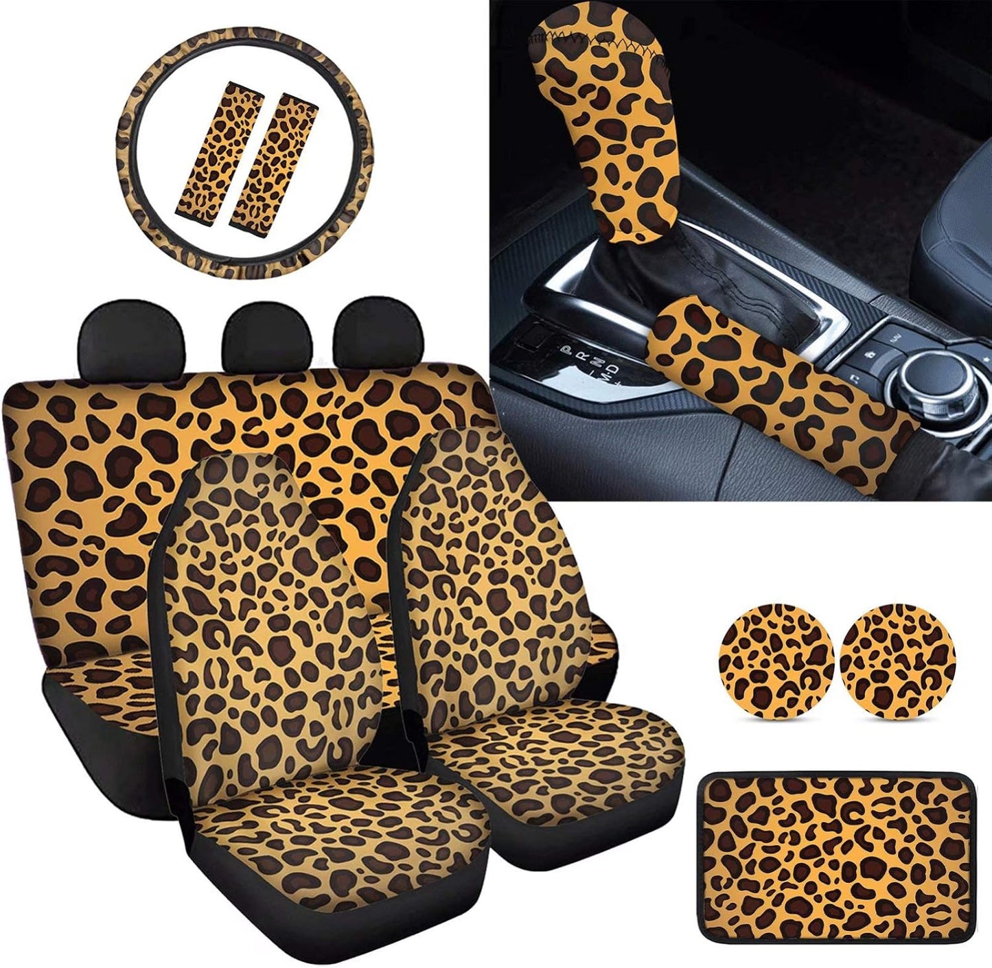 AFPANQZ Leopard Print Car Accessories Set of 12, Steering Wheel Cover, Car Seats Covers, Armrest Cover, Seat Belt Pads, Gear Shift Knob Handbrake Cushion, Car Cup Holder Coaster Decoration Brown Tan