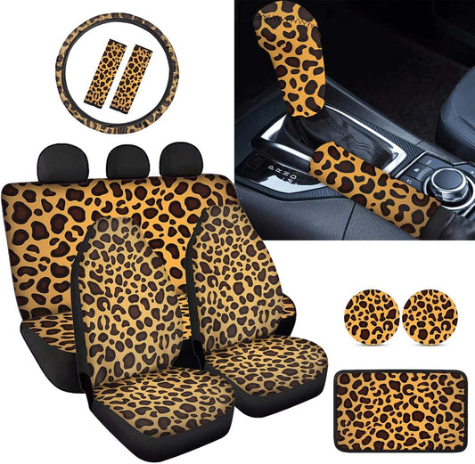 AFPANQZ Leopard Print Car Accessories Set of 12, Steering Wheel Cover, Car Seats Covers, Armrest Cover, Seat Belt Pads, Gear Shift Knob Handbrake Cushion, Car Cup Holder Coaster Decoration Brown Tan
