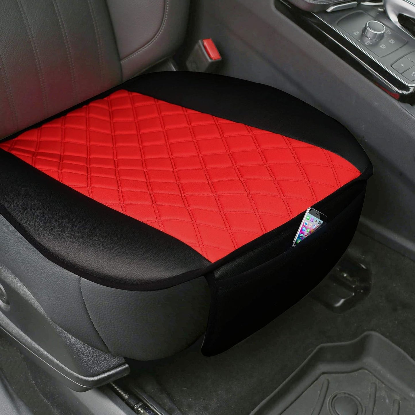 FH Group Car Seat Cushion Pads Front Set Faux Leather Neosupreme Automotive Seat Cover Cushion Pads - Universal Fit, Airbag Compatible Car Seat Cushion Pad with Front Pocket for SUV, Sedan, Van Red