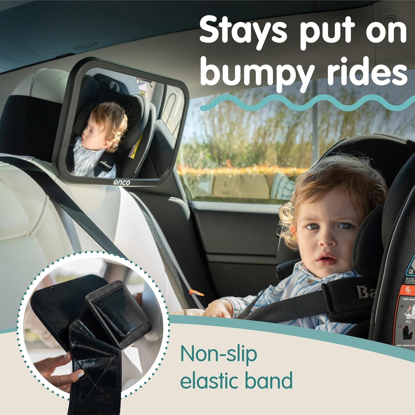 Onco Fixed Headrest Car Mirror - Tesla-Compatible, 100% Shatterproof & Shake-Proof for Baby Rear Facing, Adjustable Seat Mirror for Car Journeys
