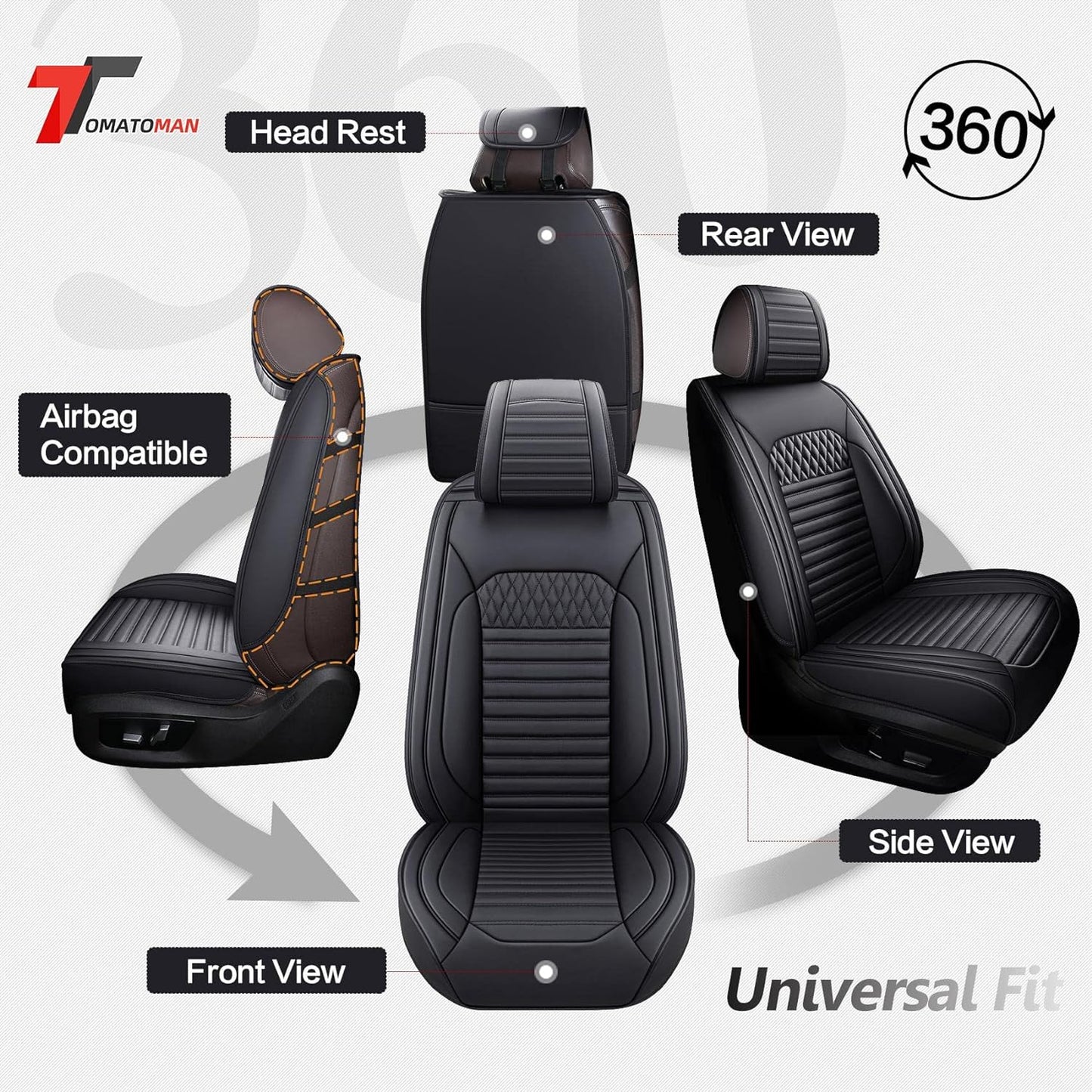 Tomatoman Front Seat Covers Compatible with Toyota Corolla Rav4 Camry 4runner Honda Civic Accord HRV CRV Nissan Altima Sentra Hyundai Tucson Accent Elantra(2PCS/Black)