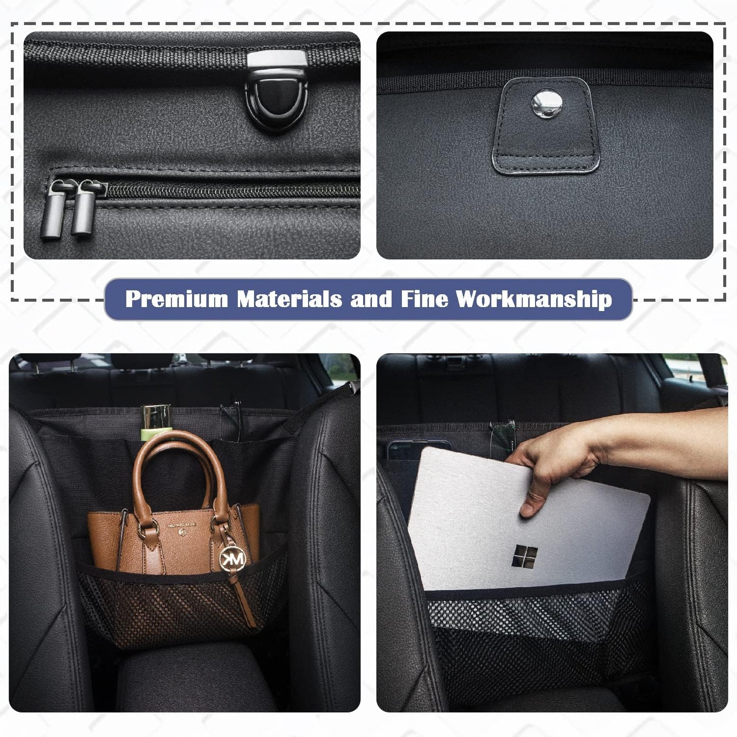 AMEIQ Car Accessories, Trash Bag Garbage Can, Recycle Bin for Rubbish Waster Litter, Organizer Storage Container Between Front Seats, Holder of Handbag Purse Umbrella Tissue, Pet Barrier, Black