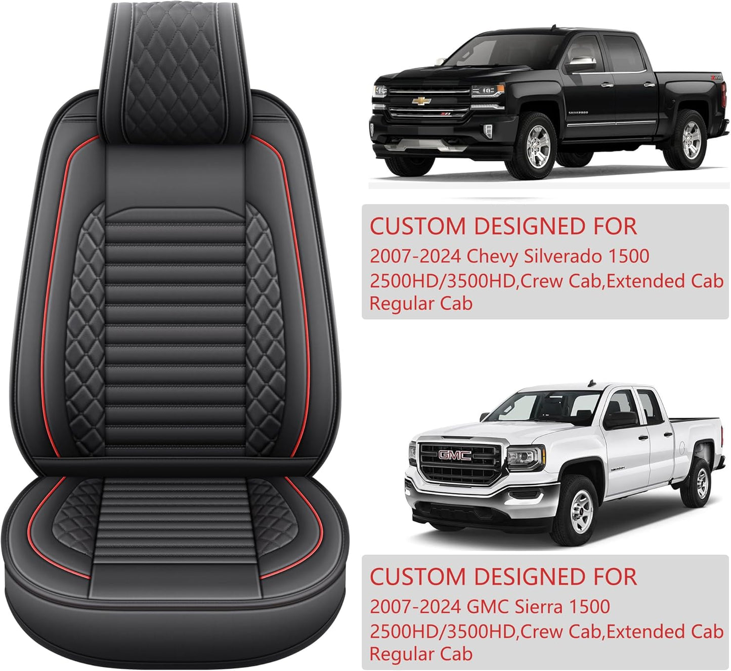 JOJOBAY Chevy Silverado Seat Covers,GMC Sierra Seat Covers,Custom Fit 2007-2024 1500 2500HD 3500HD Crew Double Extended Regular Cab,LT LZT RST Trail Boss(Front Pair,Black Red)