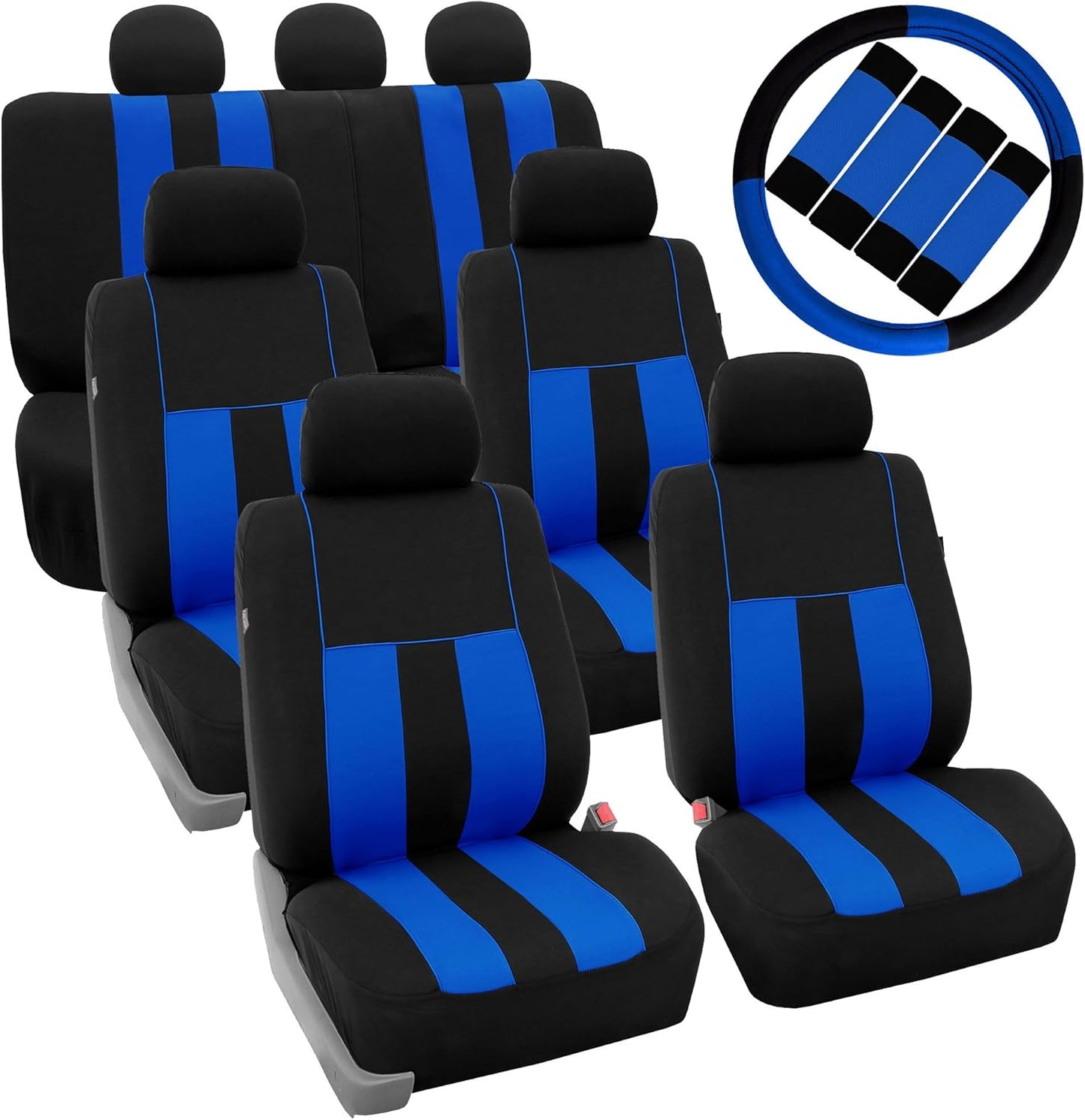 FH Group Three Row 7 Seater Combo Set Striking Striped Car Seat Covers with Steering Wheel Cover and Seat Belt Pads - Universal Fit for Most Cars, Trucks, SUVs or Vans Pink/Black