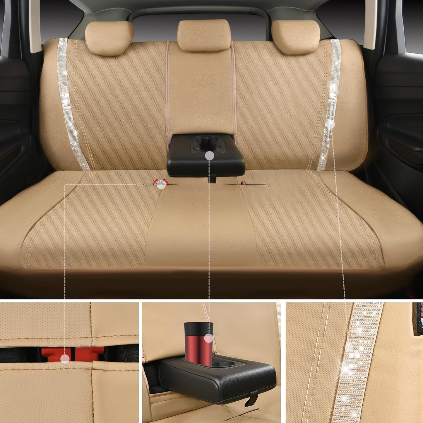 CAR PASS Bling Car Seat Covers Full Set, Shining Glitter Rhinestone Diamond Waterproof Faux Leather Interior Sets Universal Fit Automotive Glitter Crystal Sparkle Strips for Cute Women Girl, Beige