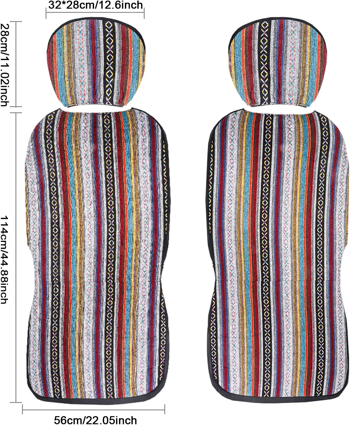 TIROL Universal 4PCS Front Seat Covers Detachable Headrest National Stripe Colorful Front Seat Protectors Suitable for Sedan SUV